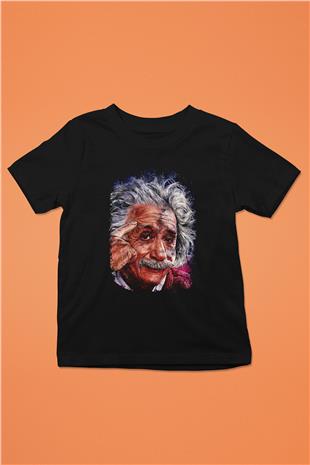 Albert Einstein Çizim Baskılı Unisex Siyah Çocuk Tişörtü - Tshirt