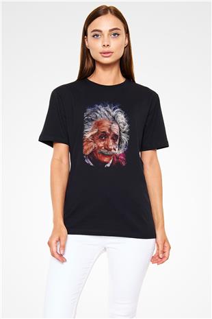 Albert Einstein Çizim Baskılı Unisex Siyah Tişört - Tshirt
