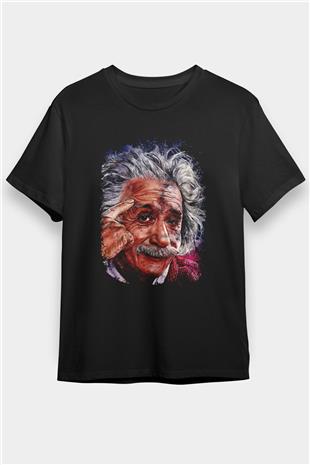 Albert Einstein Çizim Baskılı Unisex Siyah Tişört - Tshirt