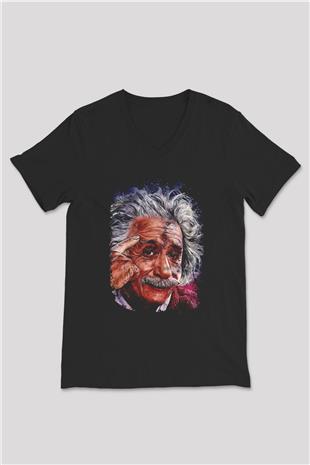 Albert Einstein Çizim Baskılı Unisex V Yaka Siyah Tİşört - Tshirt