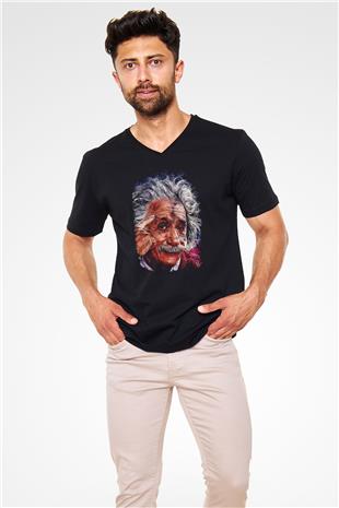 Albert Einstein Çizim Baskılı Unisex V Yaka Siyah Tİşört - Tshirt