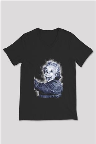 Albert Einstein Dil Çıkaran Portre Baskılı Unisex V Yaka Siyah Tİşört - Tshirt
