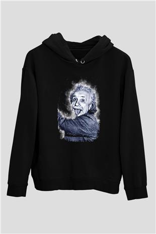 Albert Einstein Dil Çıkaran Portre Baskılı Unisex Siyah Hoodie