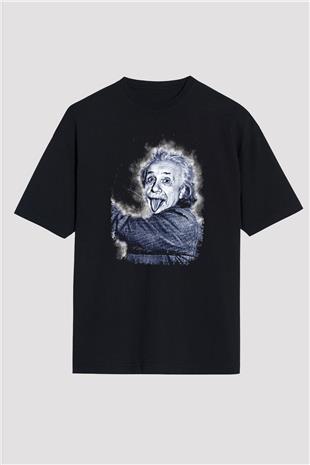 Albert Einstein Dil Çıkaran Portre Baskılı Unisex Oversize Tişört - Tshirt