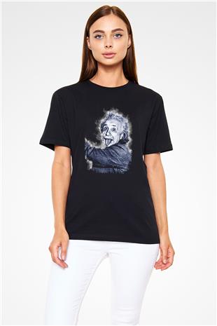 Albert Einstein Dil Çıkaran Portre Baskılı Unisex Siyah Tişört - Tshirt