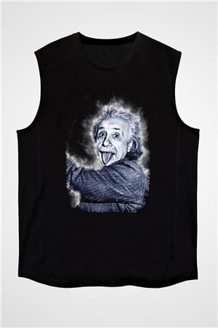 Albert Einstein Dil Çıkaran Portre Baskılı Unisex Kolsuz Siyah Tişört - Tshirt