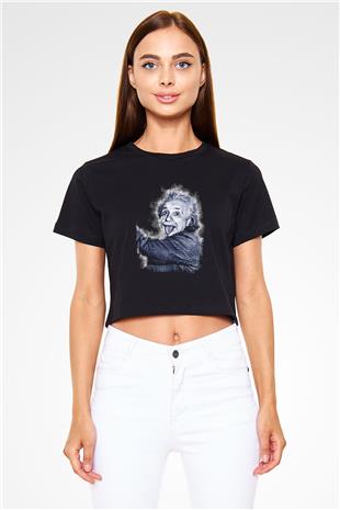 Albert Einstein Dil Çıkaran Portre Baskılı Crop Top Kadın Tİşört - Tshirt