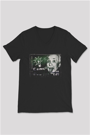 Albert Einstein Enerji Formülü Baskılı Unisex Siyah V Yaka Tişört