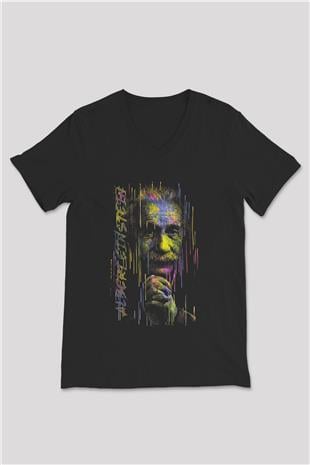 Albert Einstein Fotoğraf Baskılı Unisex V Yaka Siyah Tİşört - Tshirt