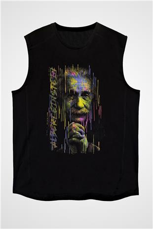 Albert Einstein Fotoğraf Baskılı Unisex Kolsuz Siyah Tişört - Tshirt