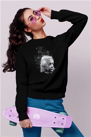 Albert Einstein Kuantum Mekaniği Baskılı Unisex Siyah Sweatshirt