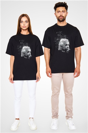 Albert Einstein Kuantum Mekaniği Baskılı Unisex Siyah Oversize Tişört
