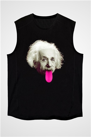 Albert Einstein Pembe Dil Baskılı Unisex Siyah Kolsuz Tişört