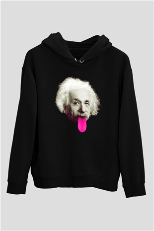 Albert Einstein Pembe Dil Baskılı Unisex Siyah Hoodie