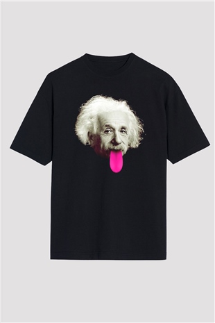 Albert Einstein Pembe Dil Baskılı Unisex Siyah Oversize Tişört