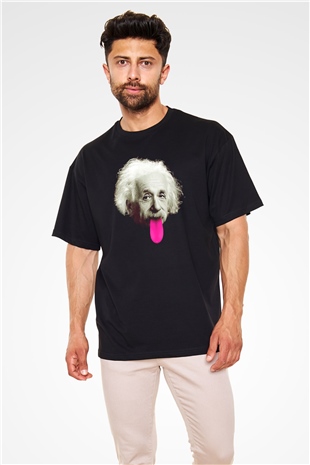 Albert Einstein Pembe Dil Baskılı Unisex Siyah Oversize Tişört