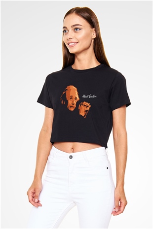 Albert Einstein Portre Baskılı Siyah Kadın Crop Top Tişört