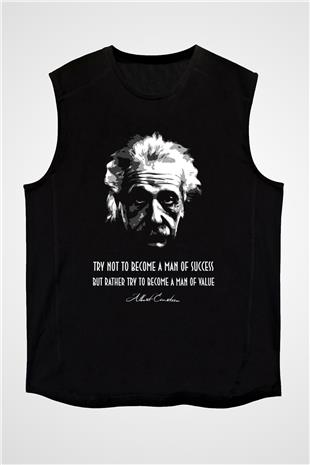 Albert Einstein Portre Lıntı Baskılı Unisex Kolsuz Siyah Tişört - Tshirt