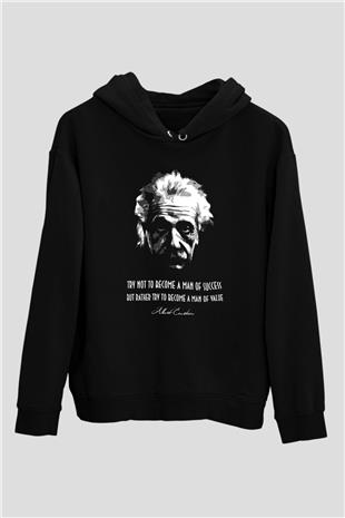 Albert Einstein Portre Lıntı Baskılı Unisex Siyah Hoodie