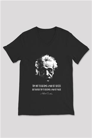 Albert Einstein Portre Lıntı Baskılı Unisex V Yaka Siyah Tİşört - Tshirt