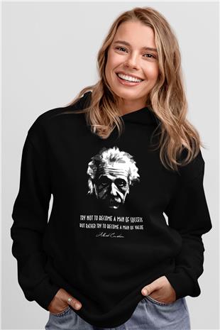 Albert Einstein Portre Lıntı Baskılı Unisex Siyah Hoodie