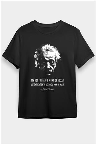 Albert Einstein Portre Lıntı Baskılı Unisex Siyah Tişört - Tshirt
