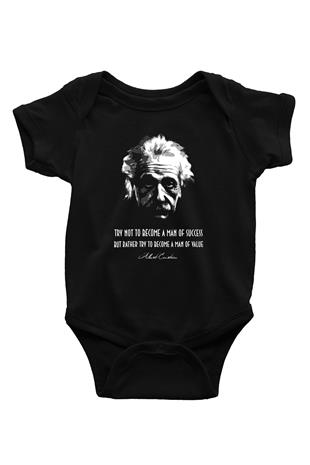 Albert Einstein Portre Lıntı Baskılı Unisex  Siyah Bebek Body - Zıbın