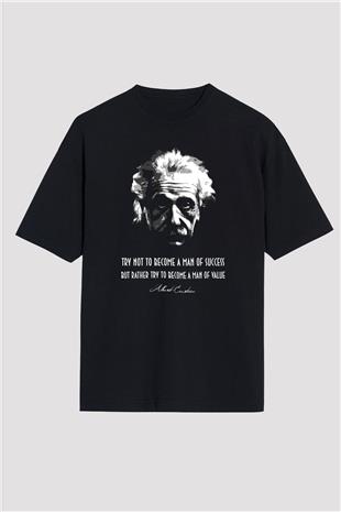 Albert Einstein Portre Lıntı Baskılı Unisex Oversize Tişört - Tshirt