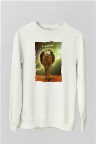 Albert Einstein Renkli Baskılı Unisex Ekru Sweatshirt