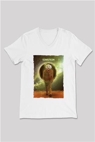 Albert Einstein Renkli Baskılı Unisex V Yaka Beyaz Tişört - Tshirt