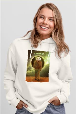 Albert Einstein Renkli Baskılı Unisex Ekru Hoodie