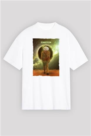 Albert Einstein Renkli Baskılı Unisex Oversize Beyaz Tişört - Tshirt