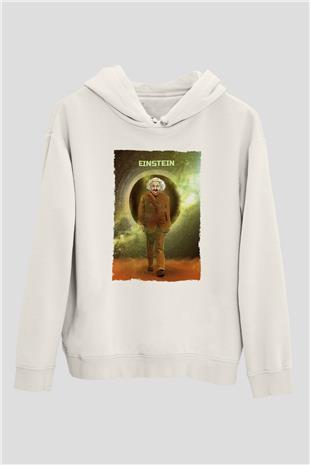 Albert Einstein Renkli Baskılı Unisex Ekru Hoodie