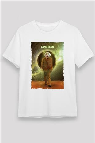 Albert Einstein Renkli Baskılı Unisex Beyaz Tişört - Tshirt