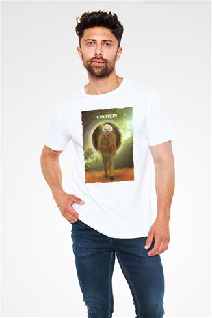 Albert Einstein Renkli Baskılı Unisex Beyaz Tişört - Tshirt