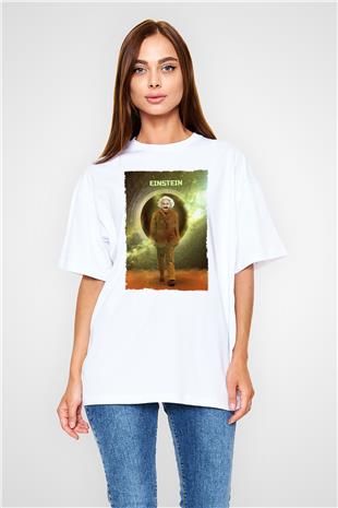 Albert Einstein Renkli Baskılı Unisex Oversize Beyaz Tişört - Tshirt