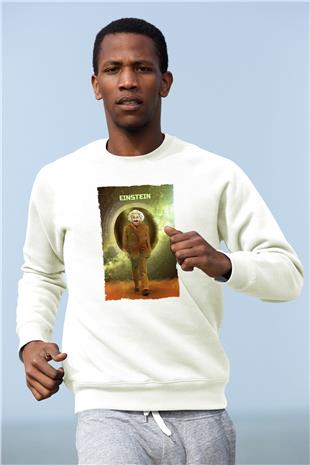 Albert Einstein Renkli Baskılı Unisex Ekru Sweatshirt