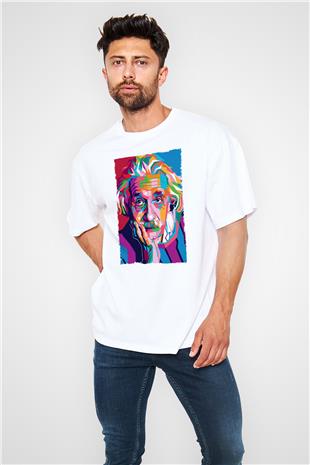 Albert Einstein Renkli Portre Baskılı Unisex Oversize Beyaz Tişört - Tshirt