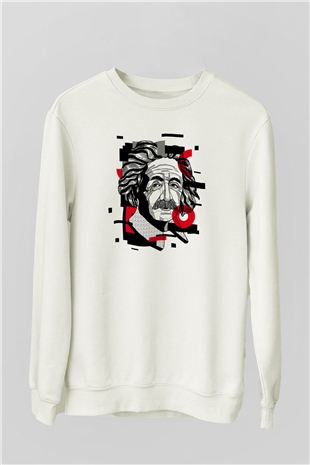 Albert Einstein Renkli Portre Baskılı Unisex Beyaz Sweatshirt