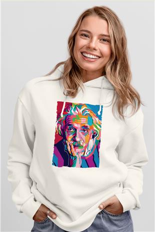 Albert Einstein Renkli Portre Baskılı Unisex Ekru Hoodie