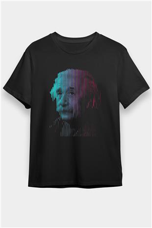 Albert Einstein Renkli Portre Baskılı Unisex Siyah Tişört - Tshirt