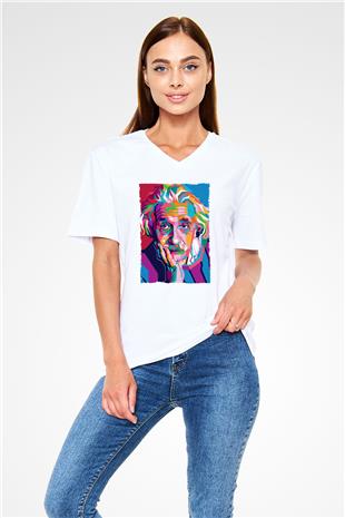 Albert Einstein Renkli Portre Baskılı Unisex V Yaka Beyaz Tişört - Tshirt