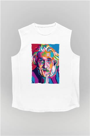 Albert Einstein Renkli Portre Baskılı Unisex Kolsuz Beyaz Tişört - Tshirt