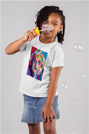 Albert Einstein Renkli Portre Baskılı Unisex Beyaz Çocuk Tişörtü - Tshirt