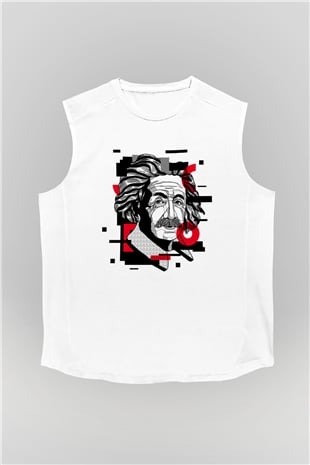 Albert Einstein Renkli Portre Baskılı Unisex Beyaz Kolsuz Tişört