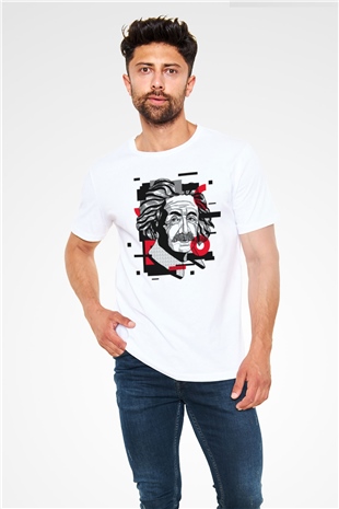 Albert Einstein Renkli Portre Baskılı Unisex Beyaz Tişört