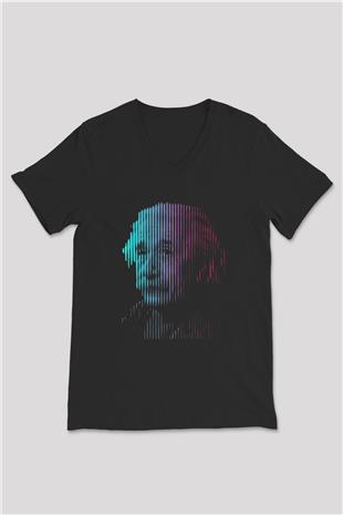 Albert Einstein Renkli Portre Baskılı Unisex V Yaka Siyah Tİşört - Tshirt