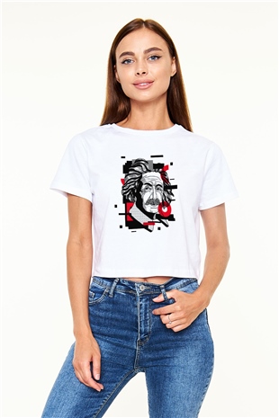 Albert Einstein Renkli Portre Baskılı Beyaz Kadın Crop Top Tişört