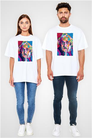 Albert Einstein Renkli Portre Baskılı Unisex Oversize Beyaz Tişört - Tshirt