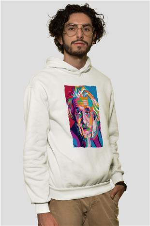 Albert Einstein Renkli Portre Baskılı Unisex Ekru Hoodie